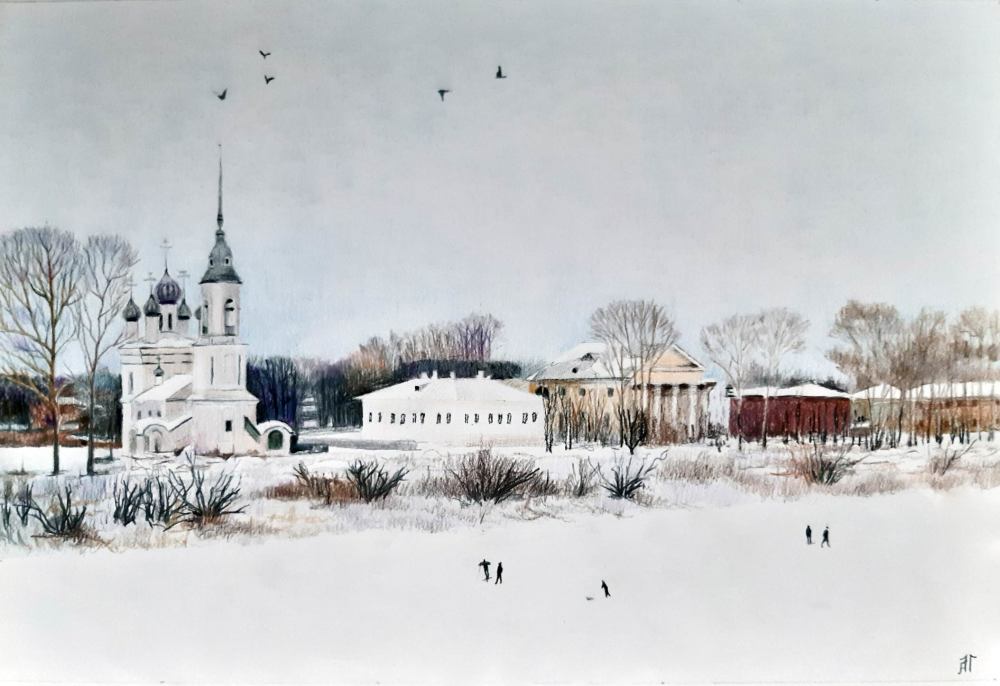 Зима. Вологда. Бумага, цветной карандаш. 30х40 см