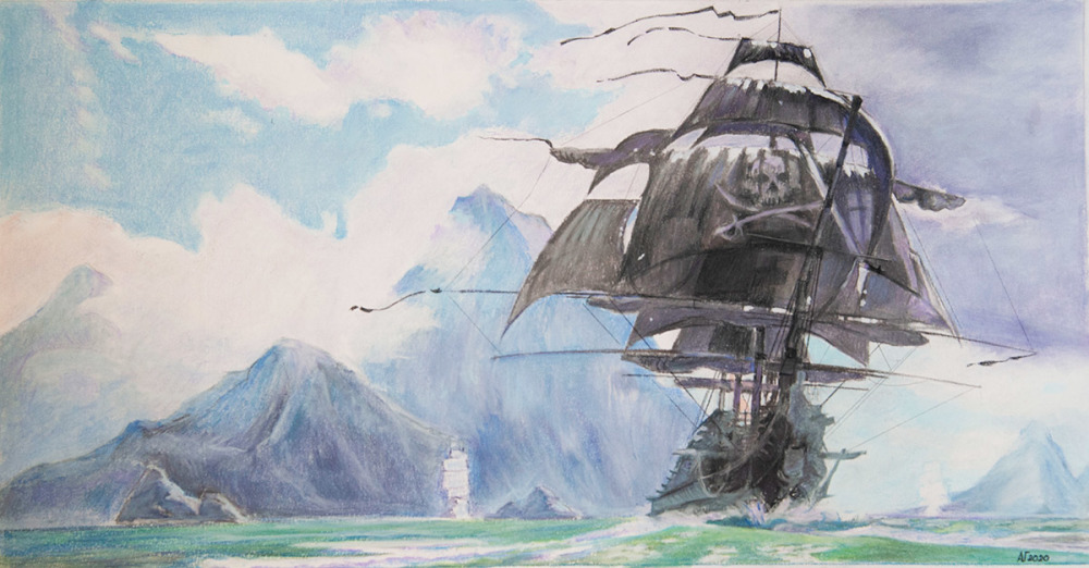 По мотивам "Пираты Карибского моря", бумага,пастель, 29х55