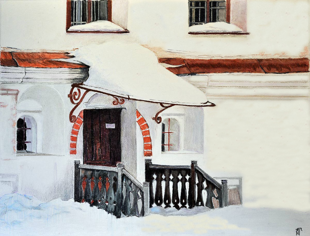 Монастырский дворик. Бумага, пастель, 27х38 см.