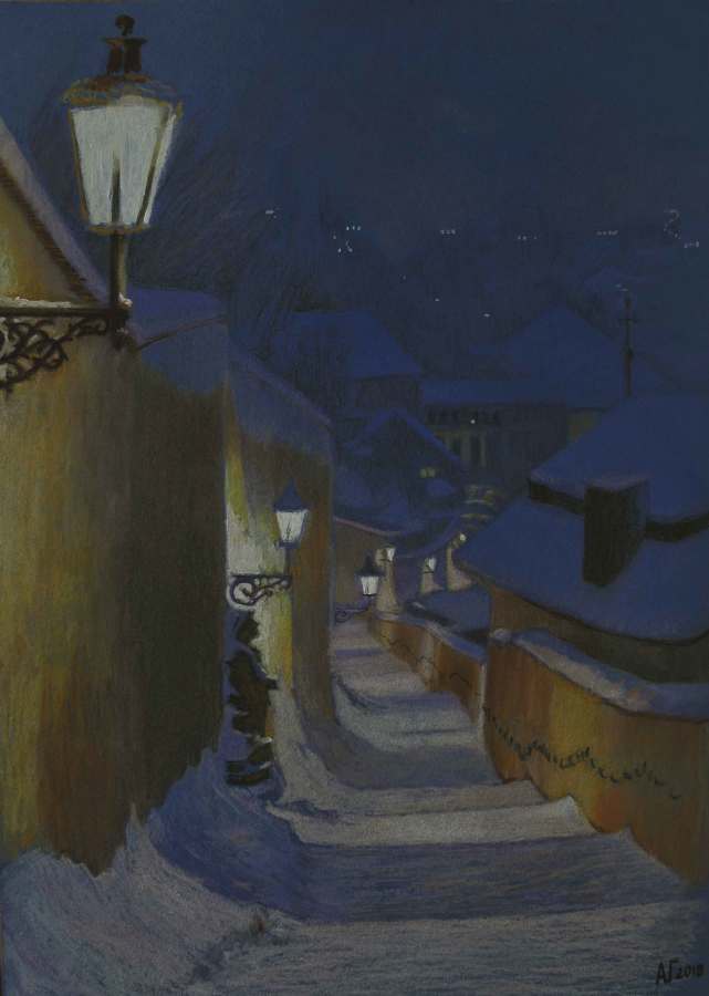 Зимний вечер в Праге Бумага, пастель