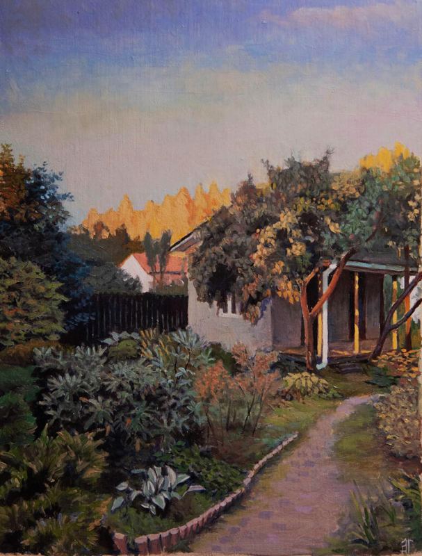 Рассвет в саду. Картон, масло, 45х33 см