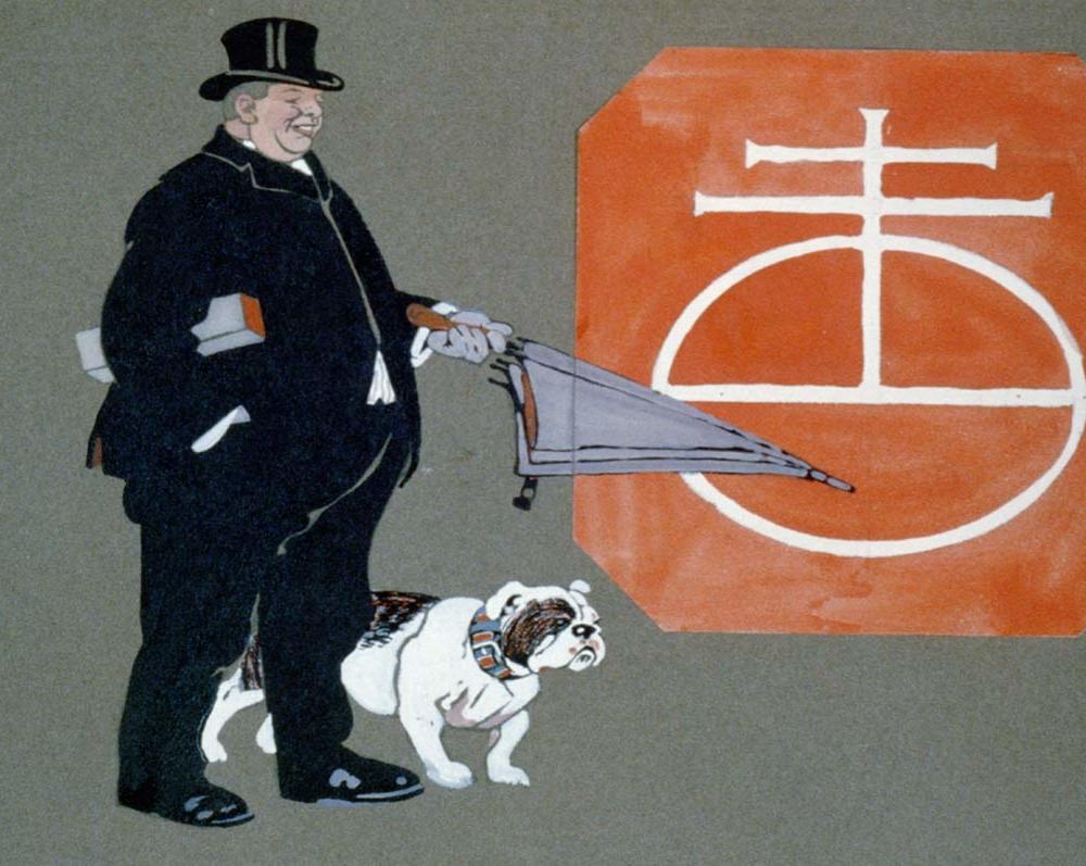 fat-man-holding-closed-umbrella-with-bulldog