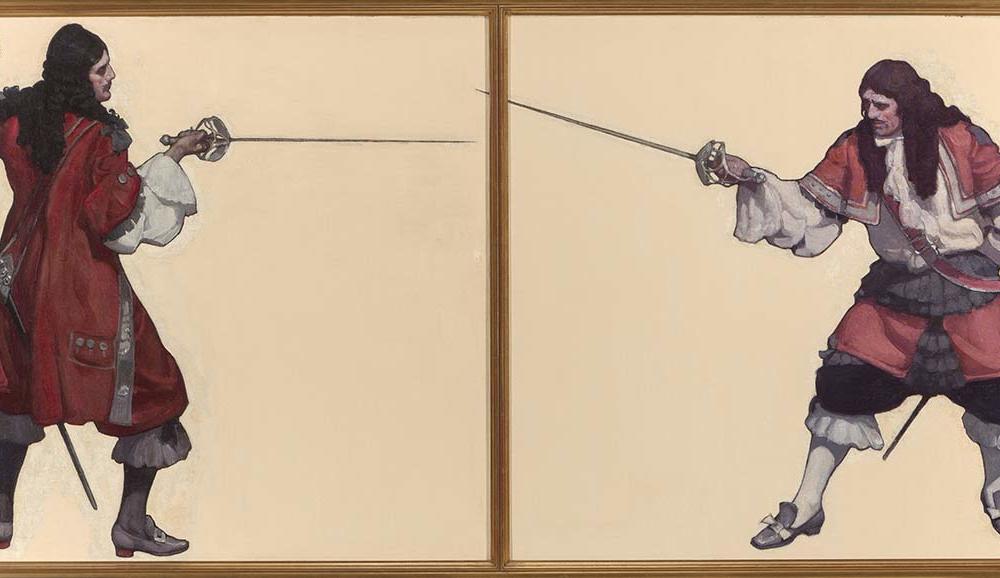 two-men-dueling-with-swords-diptych-ladies-home-journal-story-illustration-1932