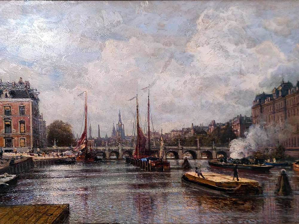 А.П.Боголюбов (1824-1896) Город на реке. Амстердам. 1870 г. Дерево-масло.