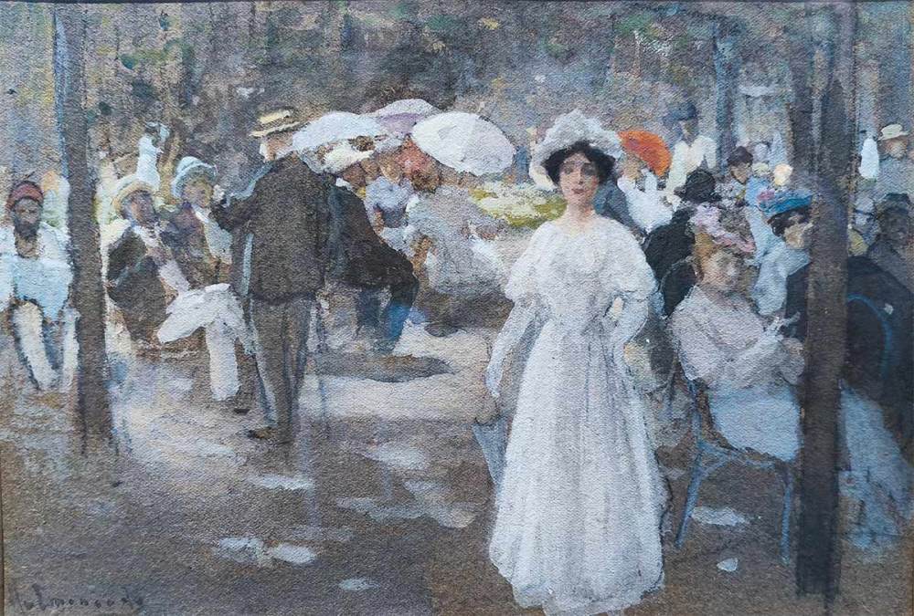 Алексей Степанов (1858-1938) бульвар Виши.Франция 1892 Картон, акварель, белила, уголь, соус-1